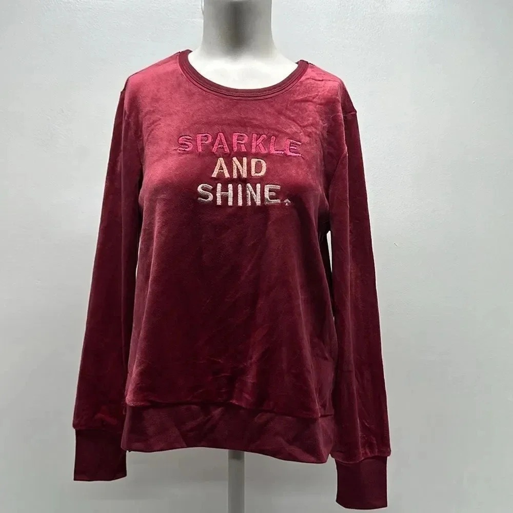 Kate Spade "Sparkle And Shine" Velour Ribbed Cuff Sweatshirt Burgundy Red Small